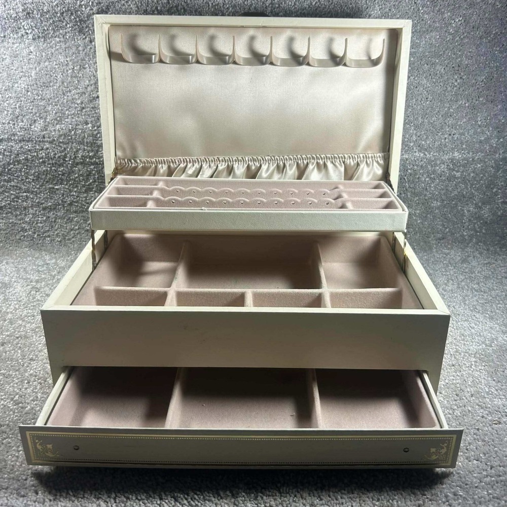 Mele Jewelry Box Cream Vintage Multi Tier Drawer Faux Leather